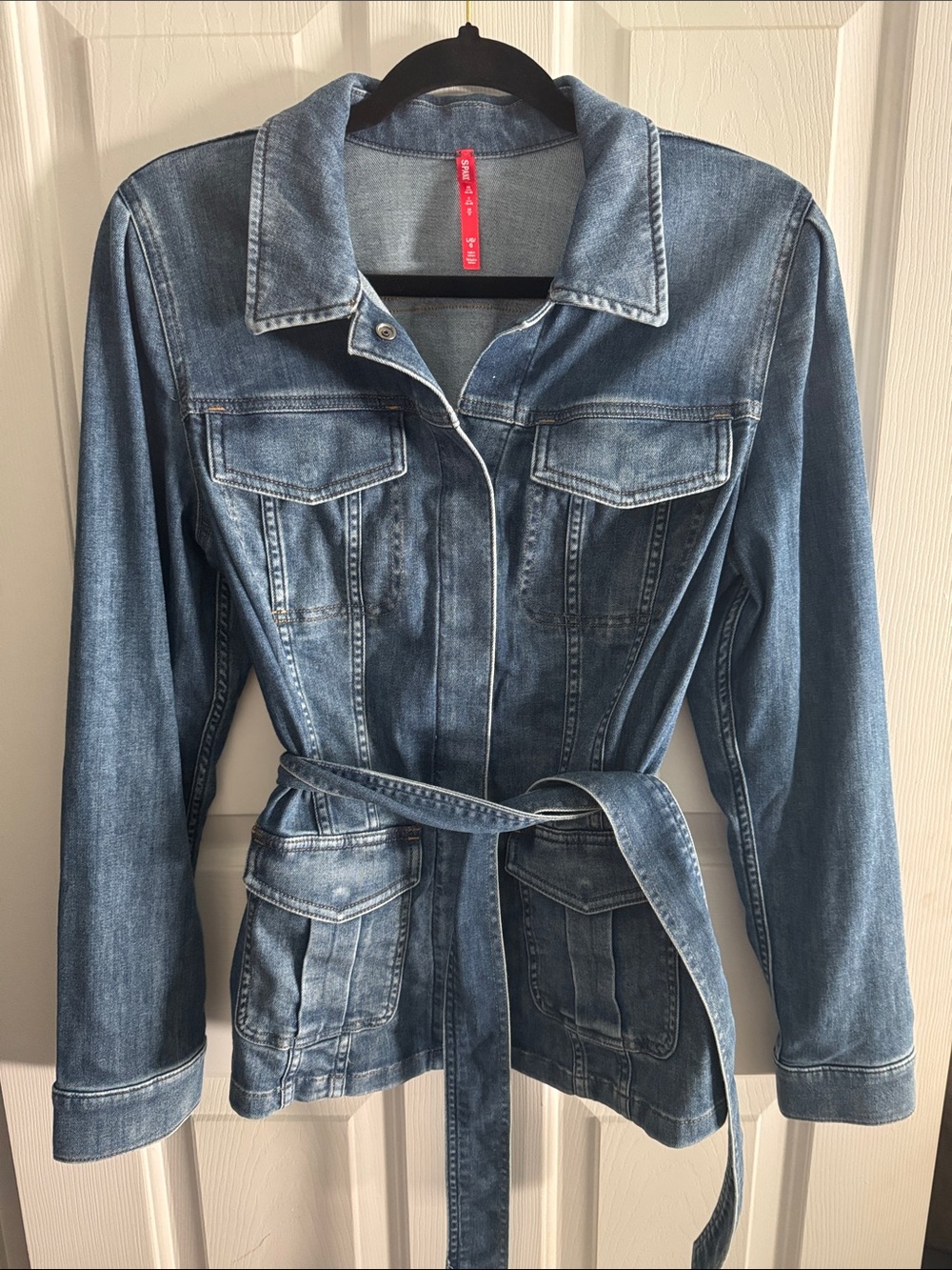 SPANX Medium Wash Denim Jacket with Waist Tie